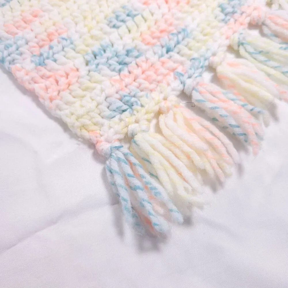 Vintage Handmade Afghan Blanket Crochet Knit 36x48 Pink Blue White